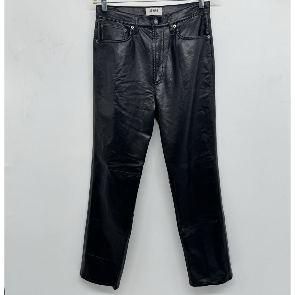 Agolde Women's Leather High Rise Straight Pants Jeans Size 29 Black Goth Witchy
